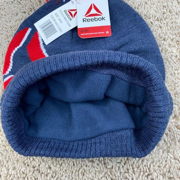 Reebok Pom Pom Beanie Women's‎ Logo Intarsia Knit Cap Blue, Red Trim OSFM NWT - Picture 3 of 6